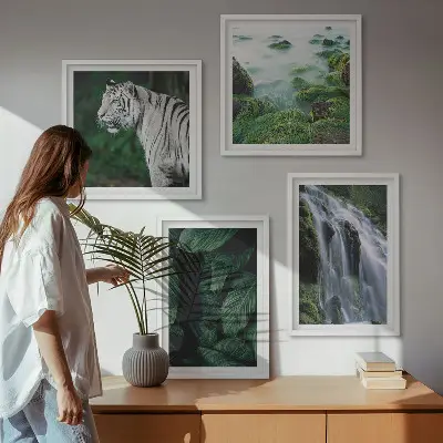 White tiger and waterfall wall art set set of 4 pieces with leaves