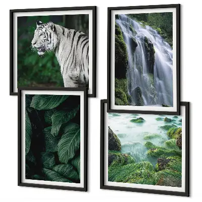 White tiger and waterfall wall art set set of 4 pieces with leaves