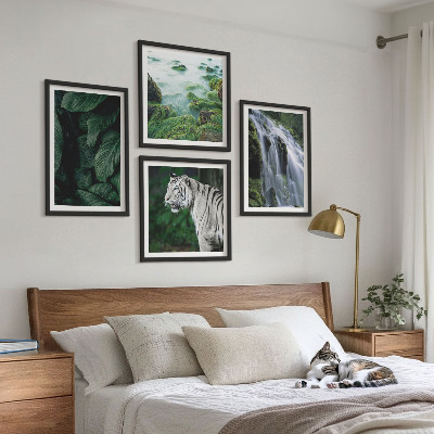 Set of 4 wall art pieces White tiger waterfall leaves