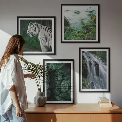 White tiger and waterfall wall art set set of 4 pieces with leaves