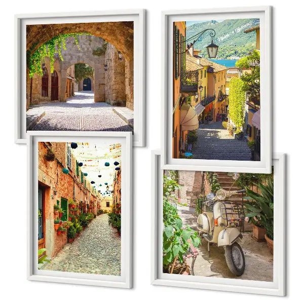 Set of 4 wall art prints charming streets and pizza theme