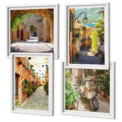 Set of 4 wall art prints charming streets and pizza theme