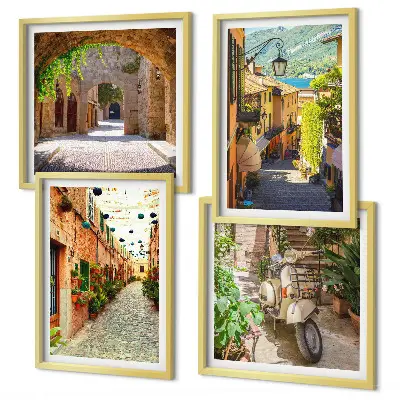 Set of 4 wall art prints charming streets and pizza theme