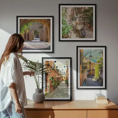 Set of 4 wall art prints charming streets and pizza theme