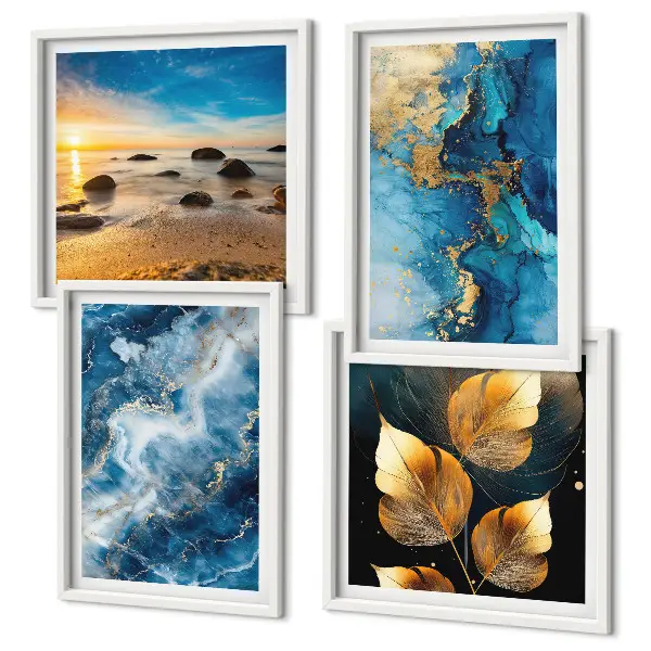 Set of 4 blue and gold patterned wall art prints decorative wall art set