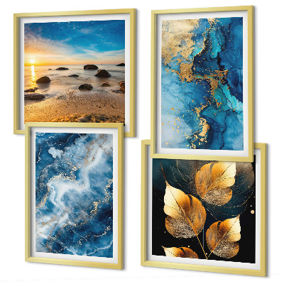 Set of 4 wall art pieces Blue gold patterns images