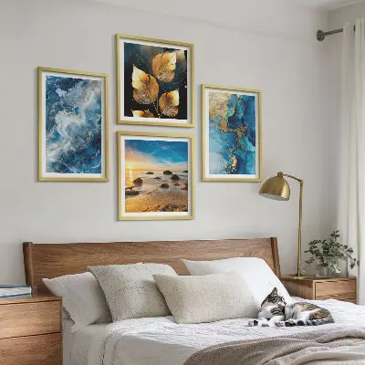 Set of 4 blue and gold patterned wall art prints decorative wall art set