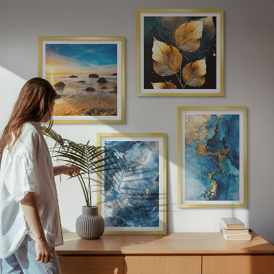 Set of 4 wall art pieces Blue gold patterns images
