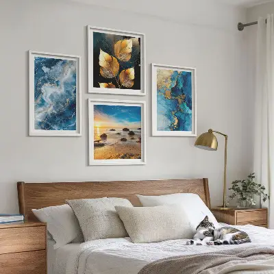 Set of 4 blue and gold patterned wall art prints decorative wall art set