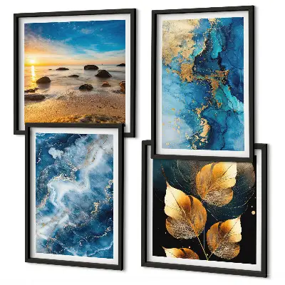 Set of 4 blue and gold patterned wall art prints decorative wall art set