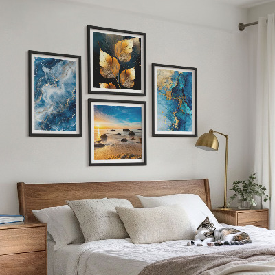 Set of 4 wall art pieces Blue gold patterns images