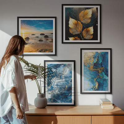 Set of 4 wall art pieces Blue gold patterns images