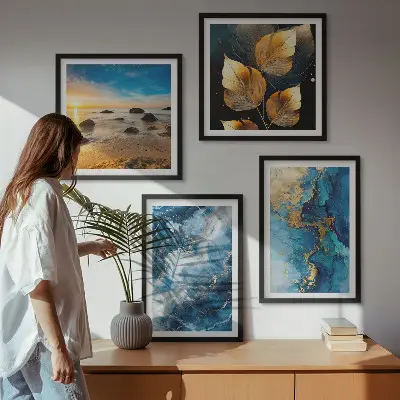 Set of 4 blue and gold patterned wall art prints decorative wall art set