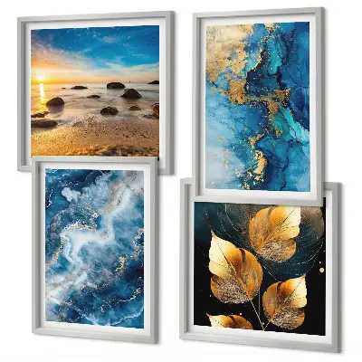 Set of 4 blue and gold patterned wall art prints decorative wall art set