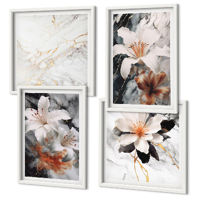 Multi-piece wall decor set Flowers marble white black