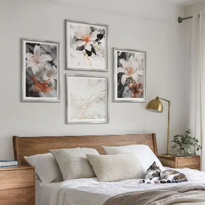 Multi-piece wall art set in white and black marble floral print