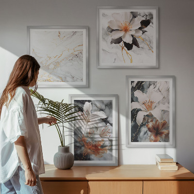 Multi-piece wall decor set Flowers marble white black