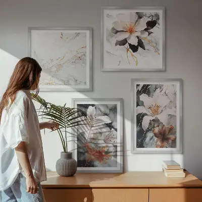 Multi-piece wall art set in white and black marble floral print