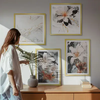 Multi-piece wall art set in white and black marble floral print