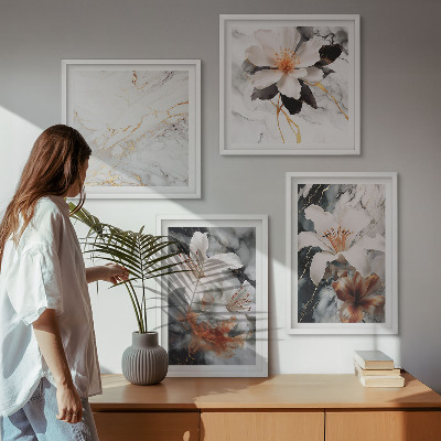Multi-piece wall decor set Flowers marble white black