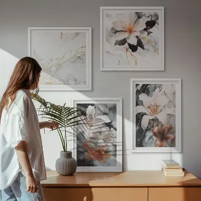 Multi-piece wall art set in white and black marble floral print