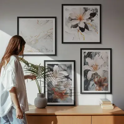 Multi-piece wall art set in white and black marble floral print