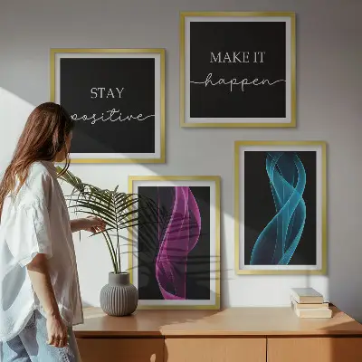 Wall art set featuring neon wavy lines on a sleek background
