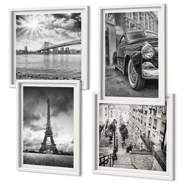 Set of 4 wall art pieces City views, bridges, Eiffel Tower, car