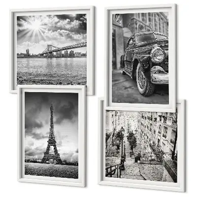 Set of 4 wall art pieces featuring city views of bridges, the Eiffel Tower, and a car