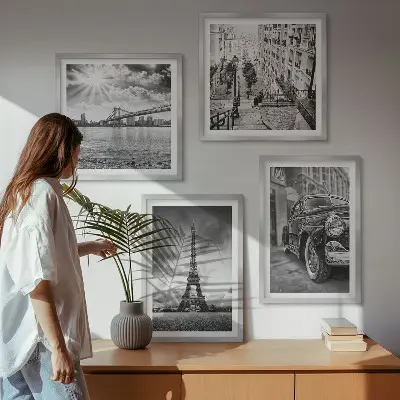 Set of 4 wall art pieces featuring city views of bridges, the Eiffel Tower, and a car