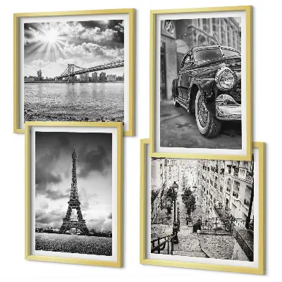 Set of 4 wall art pieces featuring city views of bridges, the Eiffel Tower, and a car