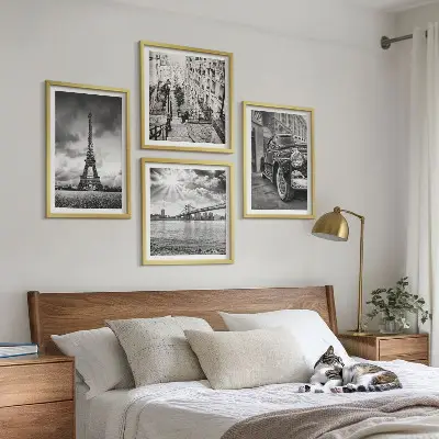Set of 4 wall art pieces City views, bridges, Eiffel Tower, car