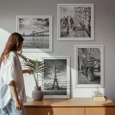 Set of 4 wall art pieces featuring city views of bridges, the Eiffel Tower, and a car