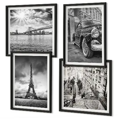 Set of 4 wall art pieces City views, bridges, Eiffel Tower, car