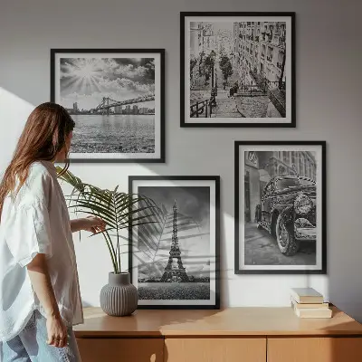 Set of 4 wall art pieces City views, bridges, Eiffel Tower, car