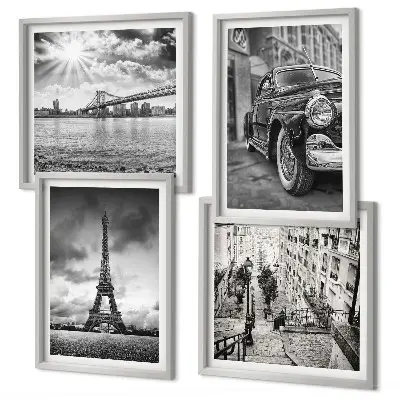 Set of 4 wall art pieces featuring city views of bridges, the Eiffel Tower, and a car