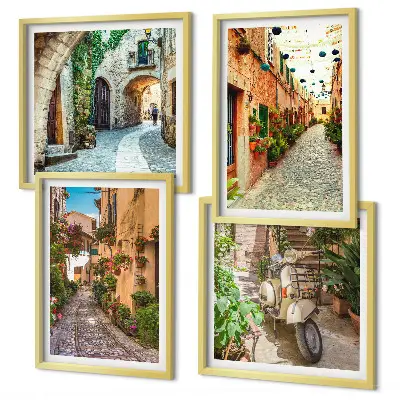 Set of 4 Italian street and flower wall art pieces charming scene prints