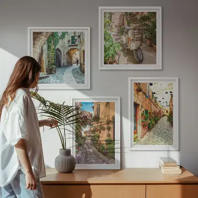 Set of 4 Italian street and flower wall art pieces charming scene prints