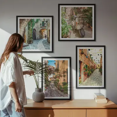 Set of 4 Italian street and flower wall art pieces charming scene prints