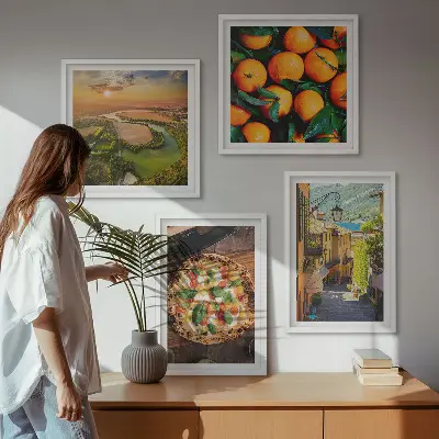 Set of 4 wall art pieces featuring Italian river and hillside street scenes