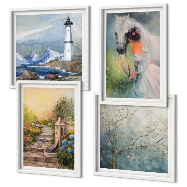 Lighthouse scenery wall art set with girl and horse