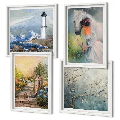 Lighthouse scenery wall art set with girl and horse