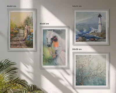 Lighthouse scenery wall art set with girl and horse
