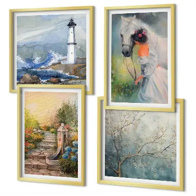 Lighthouse scenery wall art set with girl and horse
