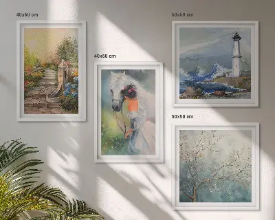 Lighthouse scenery wall art set with girl and horse