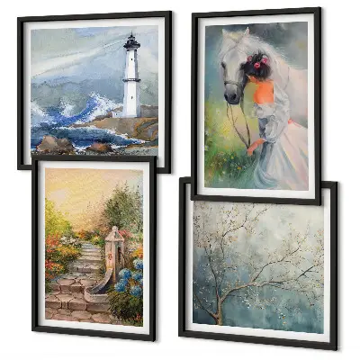 Lighthouse scenery wall art set with girl and horse