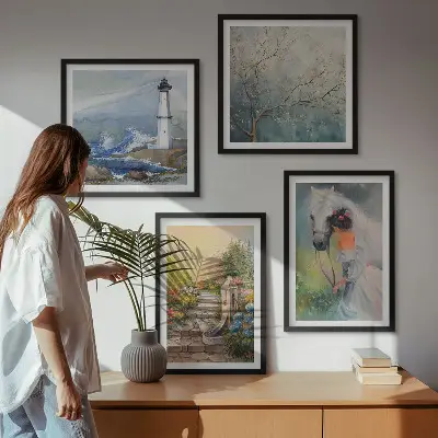 Lighthouse scenery wall art set with girl and horse