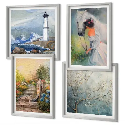 Lighthouse scenery wall art set with girl and horse