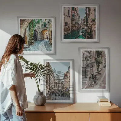 Set of 4 wall art pieces featuring Venetian streets and water architecture