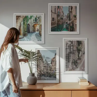 Set of 4 wall art pieces featuring Venetian streets and water architecture